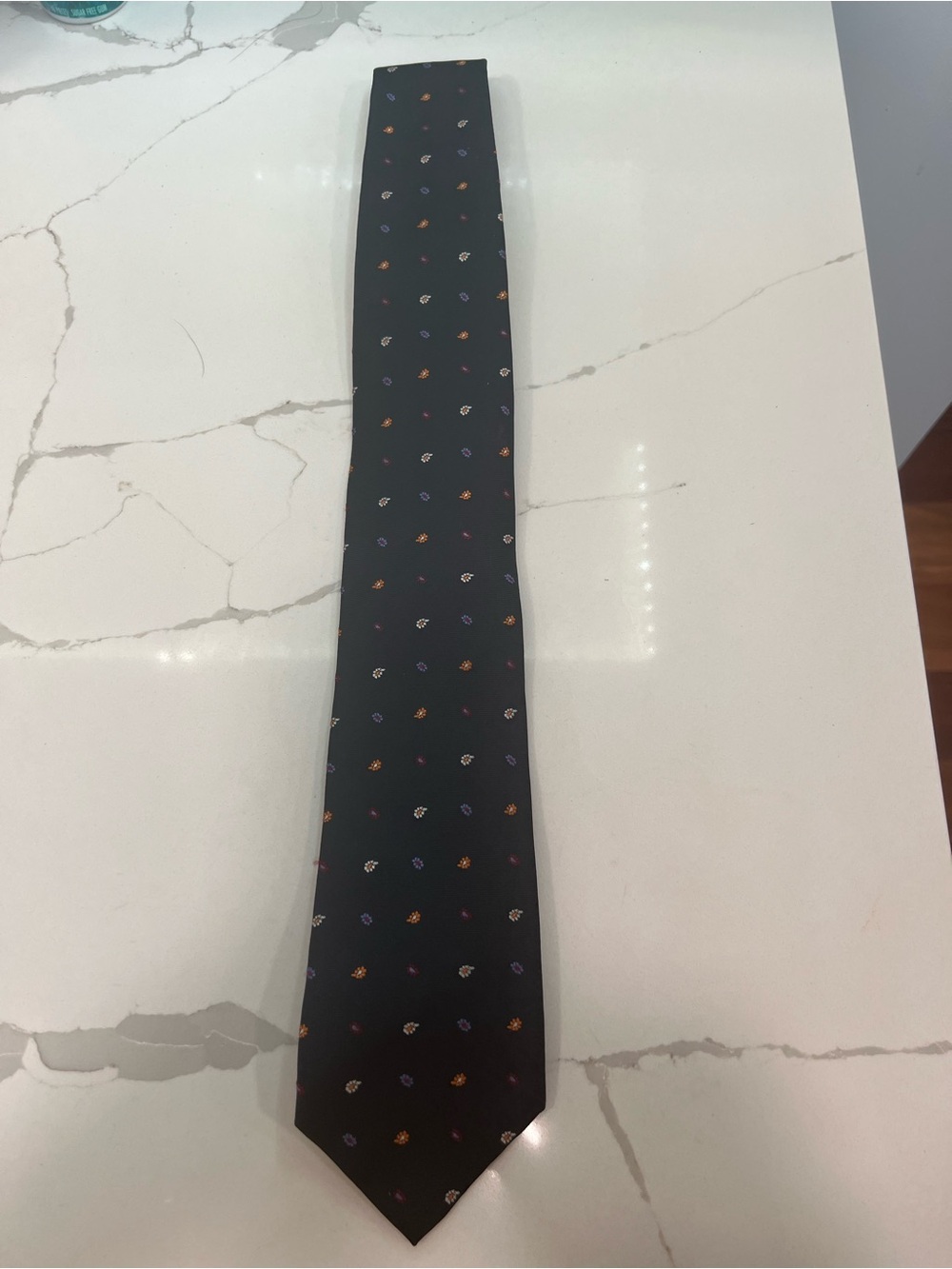 Jos. A. Bank Dark Navy Long Silk Tie with Small Multicolor Paisley Dots